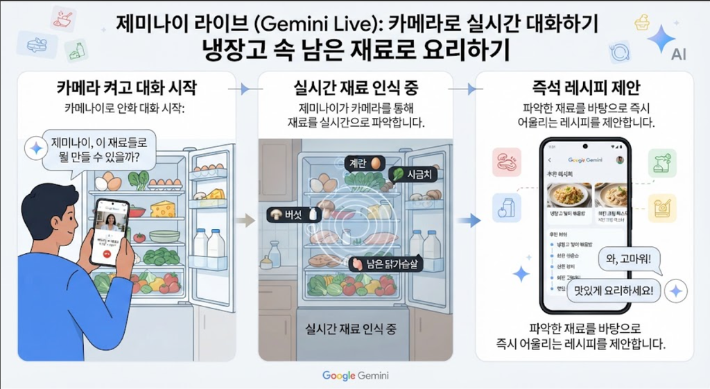 냉장고 문 열고 20분 고민하던 제가, 이제 제미나이한테 물어봅니다 (시니어 AI 활용법 3편) 2 제미나이 라이브 활용법 실행 화면 - 냉장고 재료로 레시피 물어보기